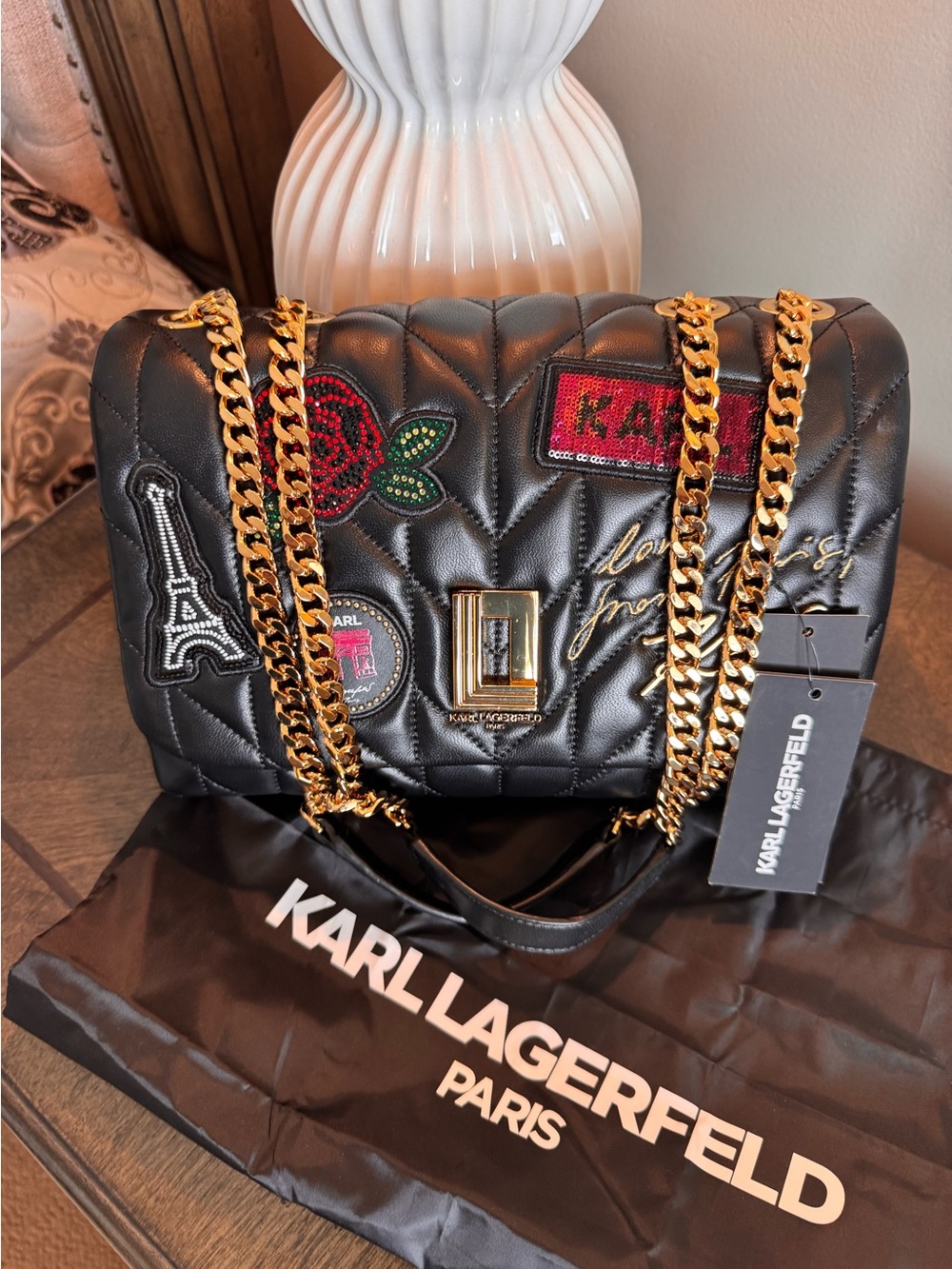 Karl Lagerfeld Lafayette Black Quilted Shoulder Bag with Gold Chain